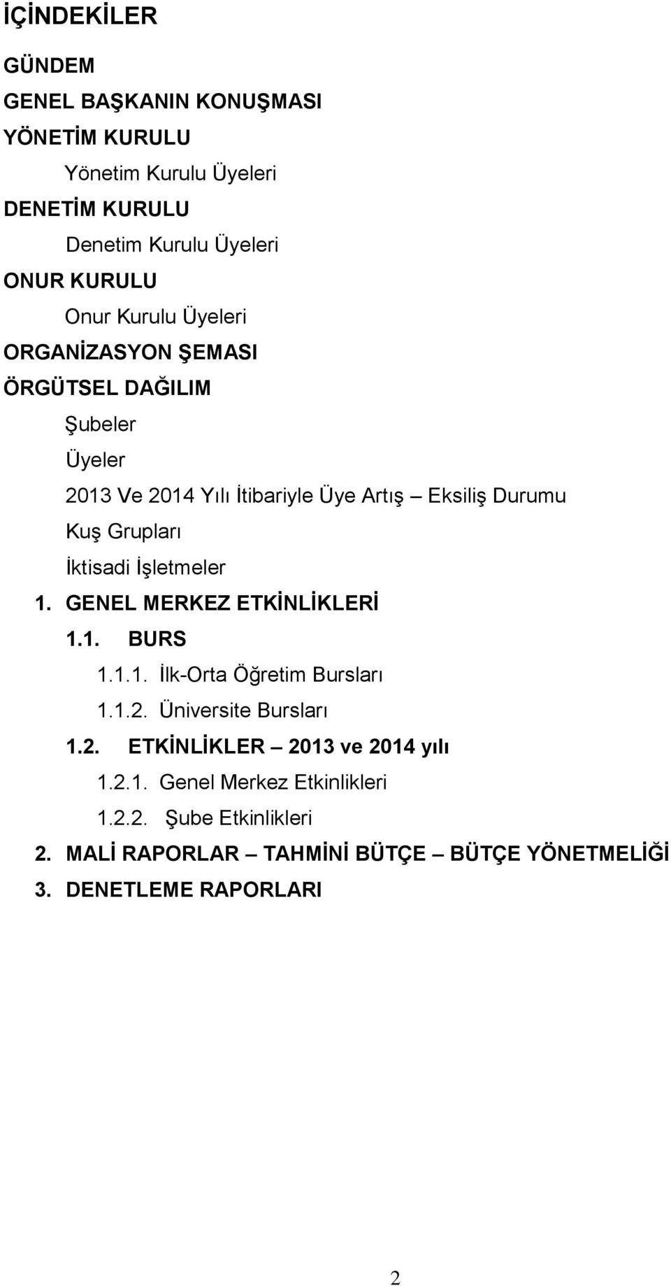 İktisadi İşletmeler 1. GENEL MERKEZ ETKİNLİKLERİ 1.1. BURS 1.1.1. İlk-Orta Öğretim Bursları 1.1.2. Üniversite Bursları 1.2. ETKİNLİKLER 2013 ve 2014 yılı 1.