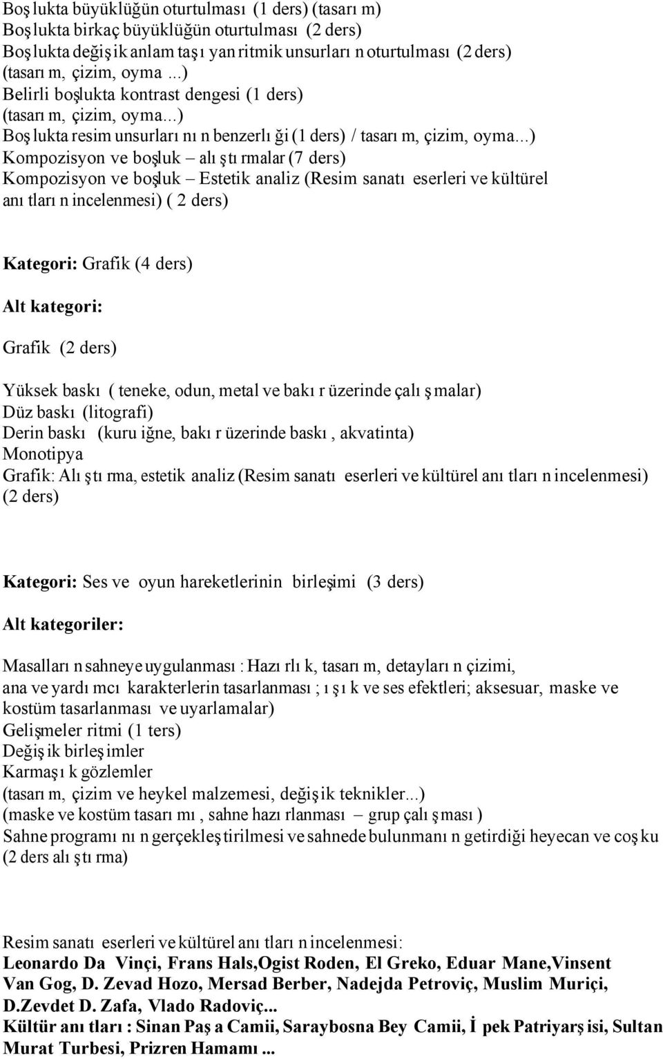 ..) Kompozisyon ve boşluk alıştırmalar (7 ders) Kompozisyon ve boşluk Estetik analiz (Resim sanatı eserleri ve kültürel anıtların incelenmesi) ( 2 ders) Kategori: Grafik (4 ders) Alt kategori: Grafik