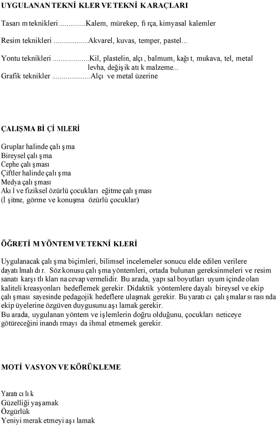 ..alçı ve metal üzerine ÇALIŞMA BİÇİMLERİ Gruplar halinde çalışma Bireysel çalışma Cephe çalışması Çiftler halinde çalışma Medya çalışması Akıl ve fiziksel özürlü çocukları eğitme çalışması (İşitme,