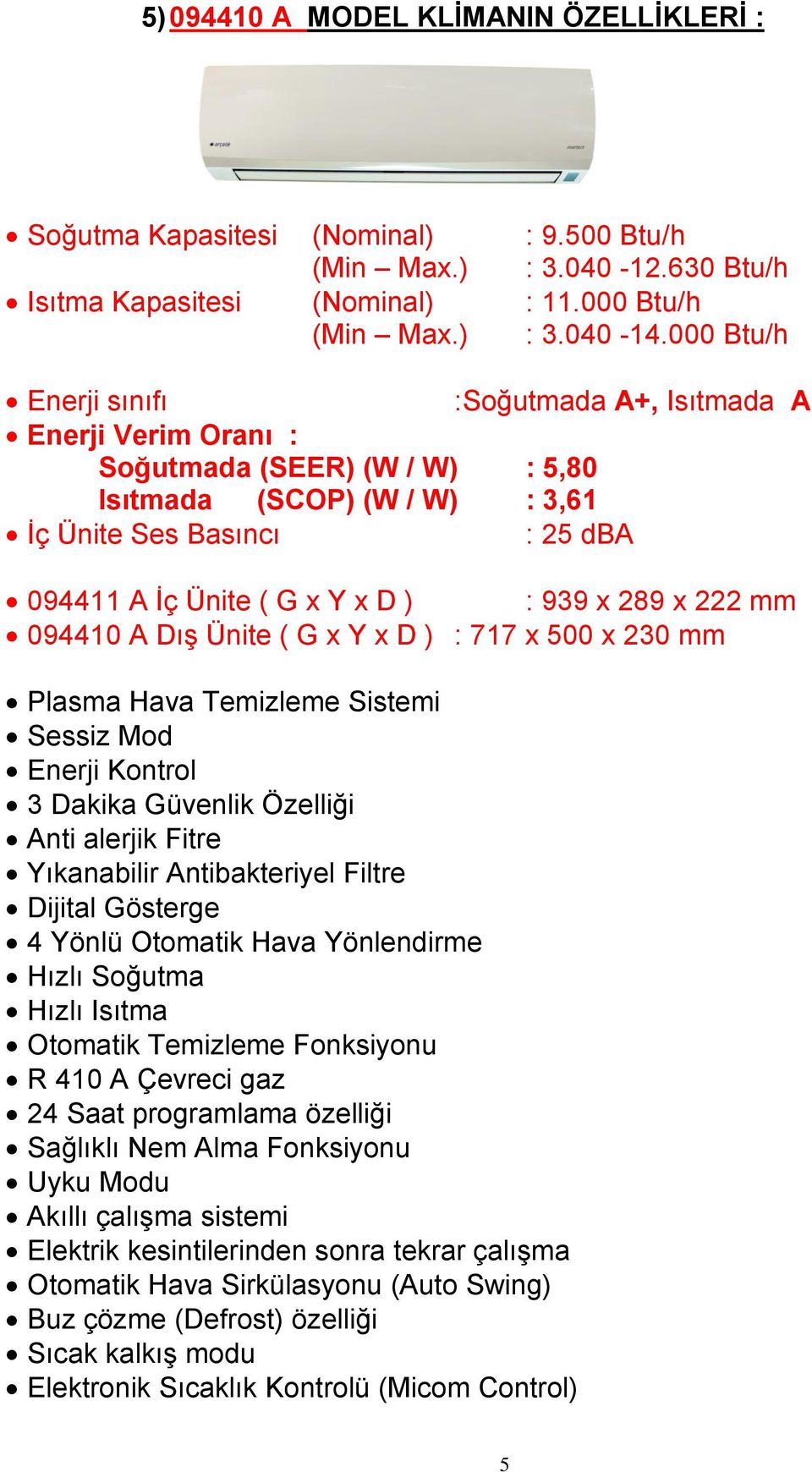 000 Btu/h :Soğutmada A+, Isıtmada A Soğutmada (SEER) (W / W) : 5,80 : 25 dba 094411 A İç Ünite ( G x Y