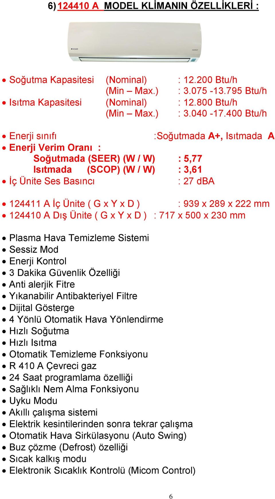 400 Btu/h :Soğutmada A+, Isıtmada A Soğutmada (SEER) (W / W) : 5,77 : 27 dba 124411 A İç Ünite ( G x Y