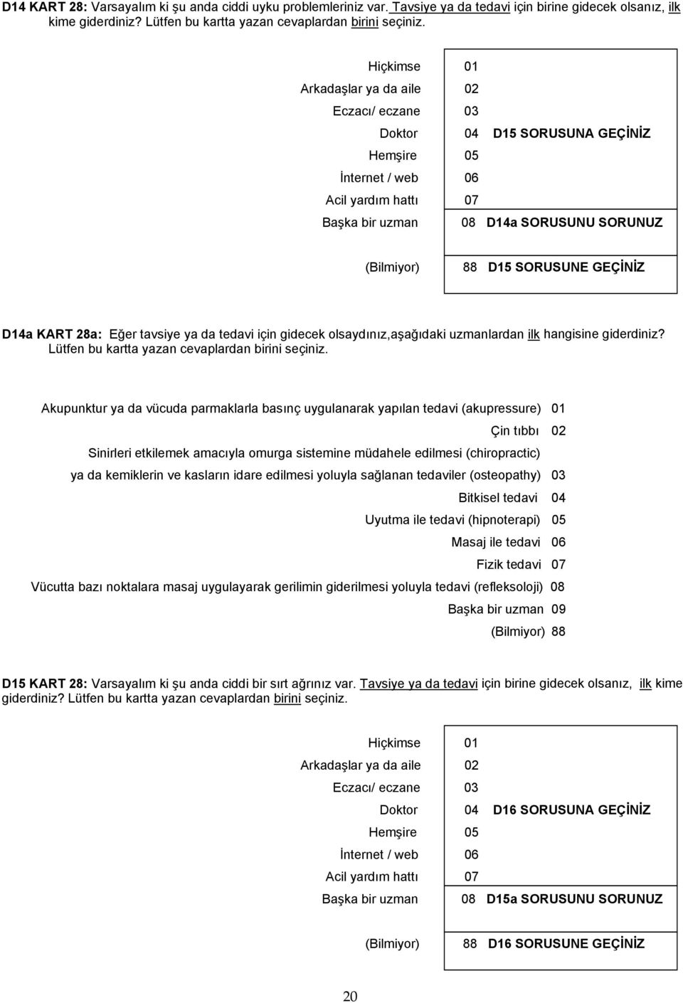 SORUSUNE GEÇİNİZ D14a KART 28a: Eğer tavsiye ya da tedavi için gidecek olsaydınız,aşağıdaki uzmanlardan ilk hangisine giderdiniz? Lütfen bu kartta yazan cevaplardan birini seçiniz.