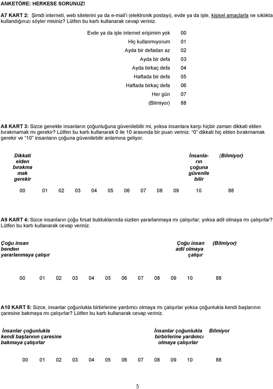 Evde ya da işte internet erişimim yok 00 Hiç kullanmıyorum 01 Ayda bir defadan az 02 Ayda bir defa 03 Ayda birkaç defa 04 Haftada bir defa 05 Haftada birkaç defa 06 Her gün 07 8 A8 KART 3: Sizce