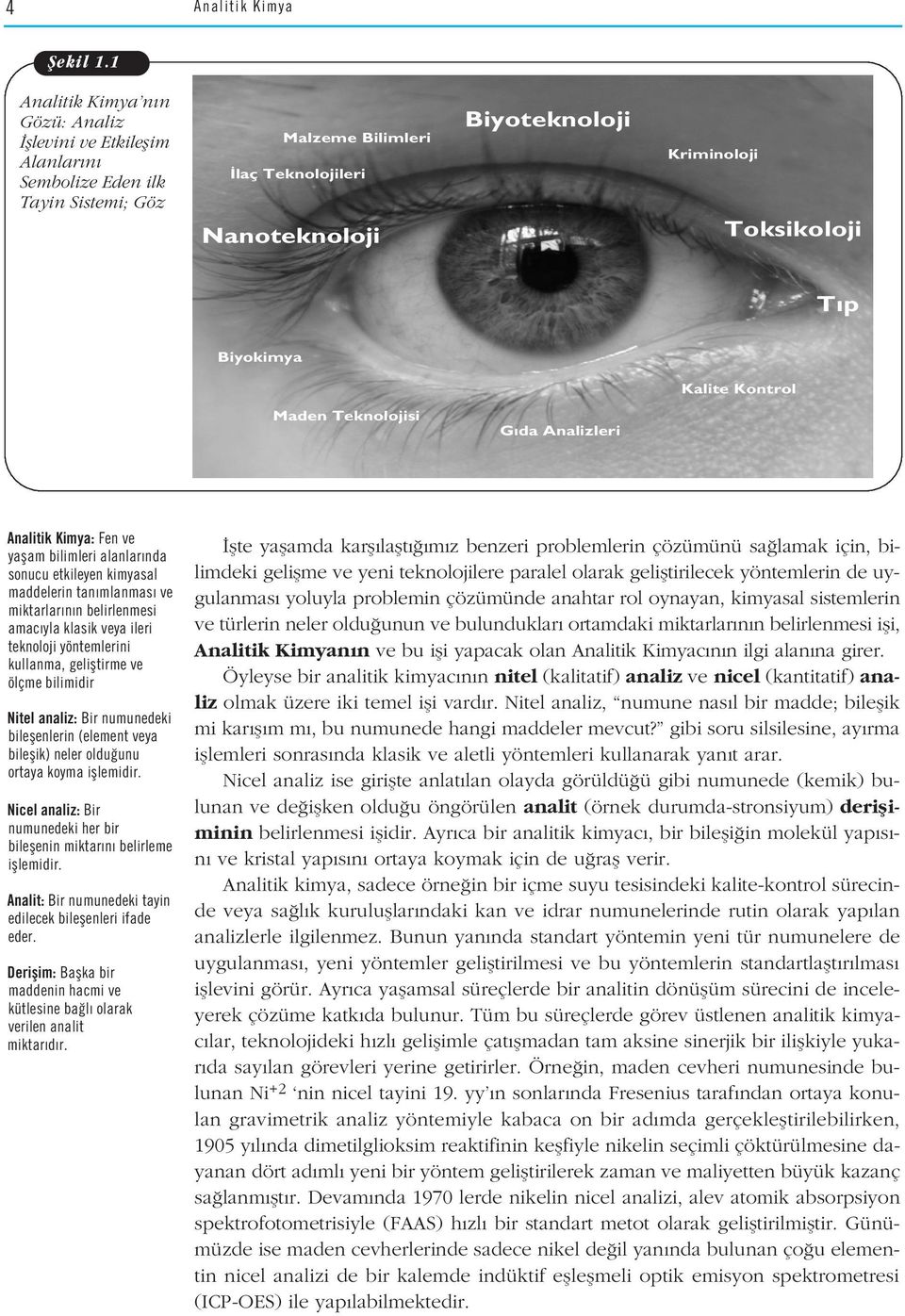 Biyokimya Kalite Kontrol Maden Teknolojisi G da Analizleri Analitik Kimya: Fen ve yaflam bilimleri alanlar nda sonucu etkileyen kimyasal maddelerin tan mlanmas ve miktarlar n n belirlenmesi amac yla