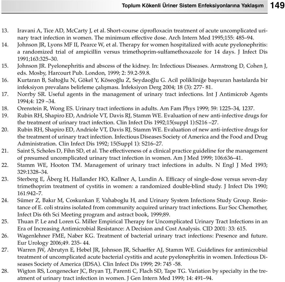 Therapy for women hospitalized with acute pyelonephritis: a randomized trial of ampicillin versus trimethoprim-sulfamethoxazole for 14 days. J Infect Dis 1991;163:325 30. 15. Johnson JR.