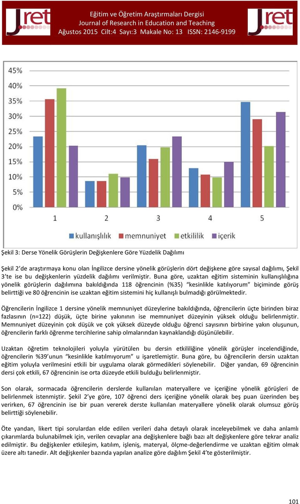 Buna göre, uzaktan eğitim sisteminin kullanışlılığına yönelik görüşlerin dağılımına bakıldığında 118 öğrencinin (%35) kesinlikle katılıyorum biçiminde görüş belirttiği ve 80 öğrencinin ise uzaktan