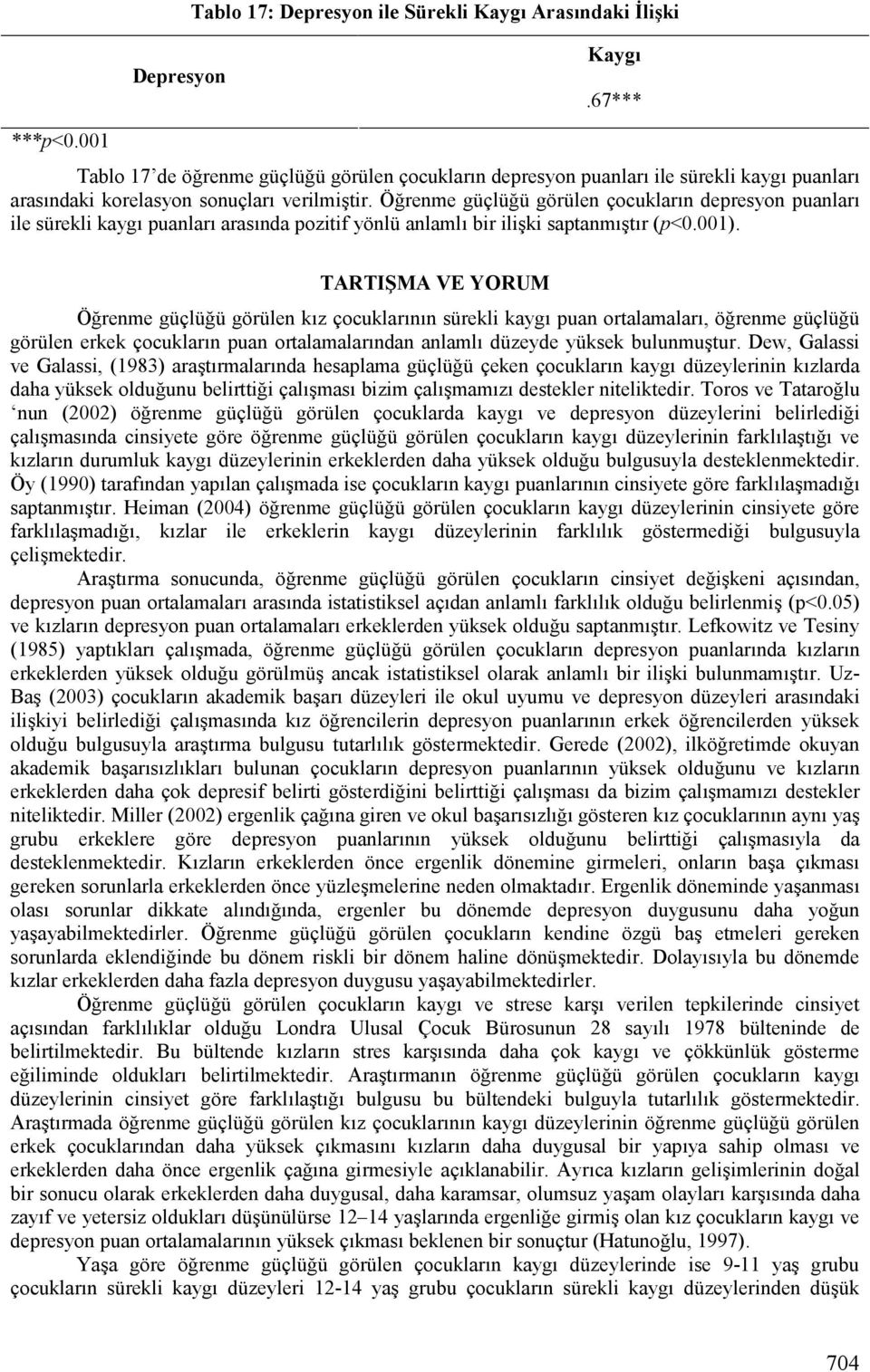 ü görülen çocuklarln depresyon puanlarl ile sürekli kaygl puanlarl araslnda pozitif yönlü anlamll bir ilimki saptanmlmtlr (p<0.001). TARTI,MA VE YORUM Ö!renme güçlü!