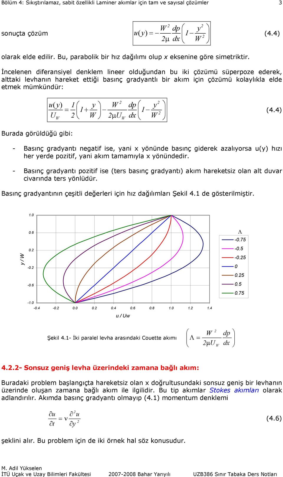 kım hktsz on t v cvın ts yönüü Bsınç gyntının çşt ğ çn hız ğıımı Şk 4 göstmşt y / W 6 - -6 Λ -75-5 -5 5 5 75 - -4-4 6 8 4 / w Şk 4- İk p vh sınk Cott kımı Λ W µ W p 4- Sonsz gnş vh üznk zmn bğı kım: