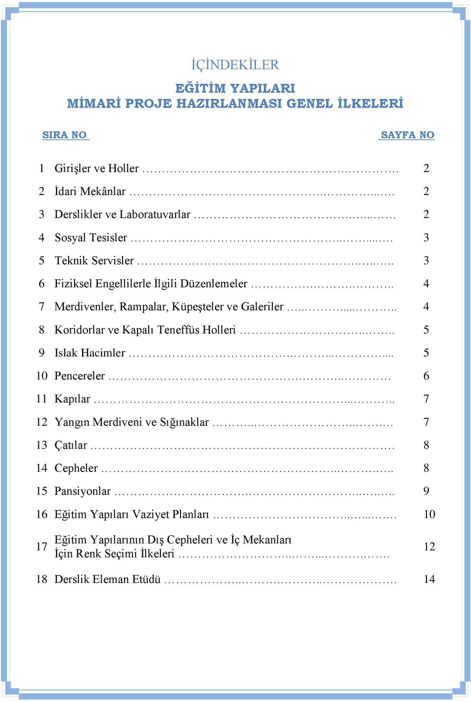 ...... 4 8 Koridorlar ve Kapalı Teneffüs Holleri.... 5 9 Islak Hacimler........ 5 10 Pencereler... 6 11 Kapılar..... 7 12 Yangın Merdiveni ve Sığınaklar..... 7 13 Çatılar.