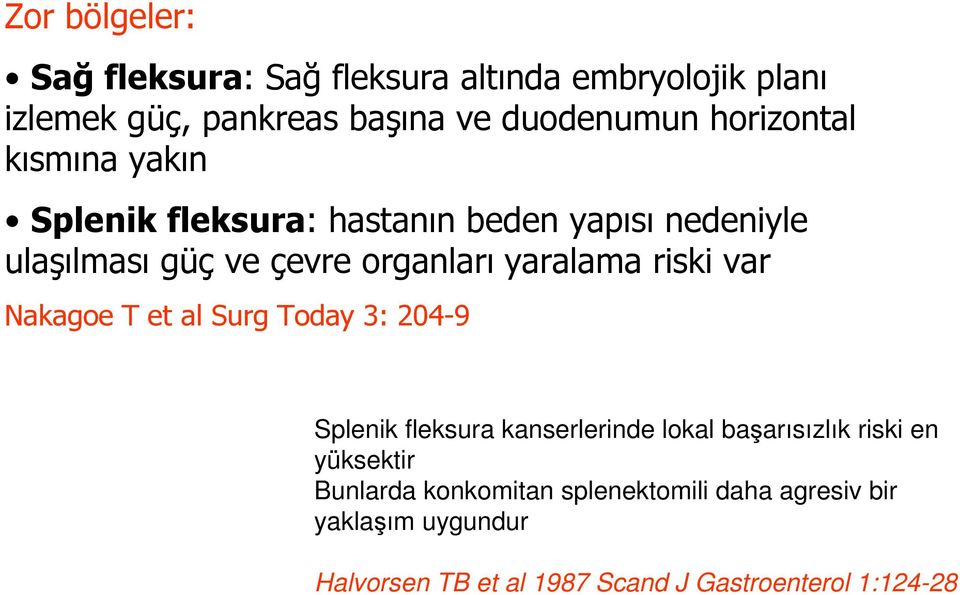 yaralama riski var Nakagoe T et al Surg Today 3: 204-9 Splenik fleksura kanserlerinde lokal başarısızlık riski en