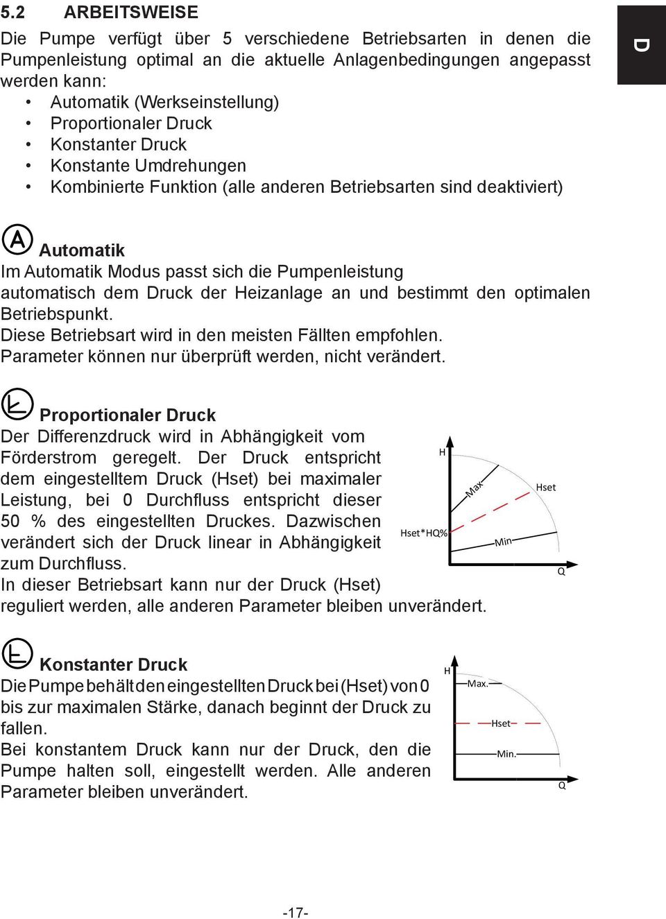 dem Druck der Heizanlage an und bestimmt den optimalen Betriebspunkt. Diese Betriebsart wird in den meisten Fällten empfohlen. Parameter können nur überprüft werden, nicht verändert.