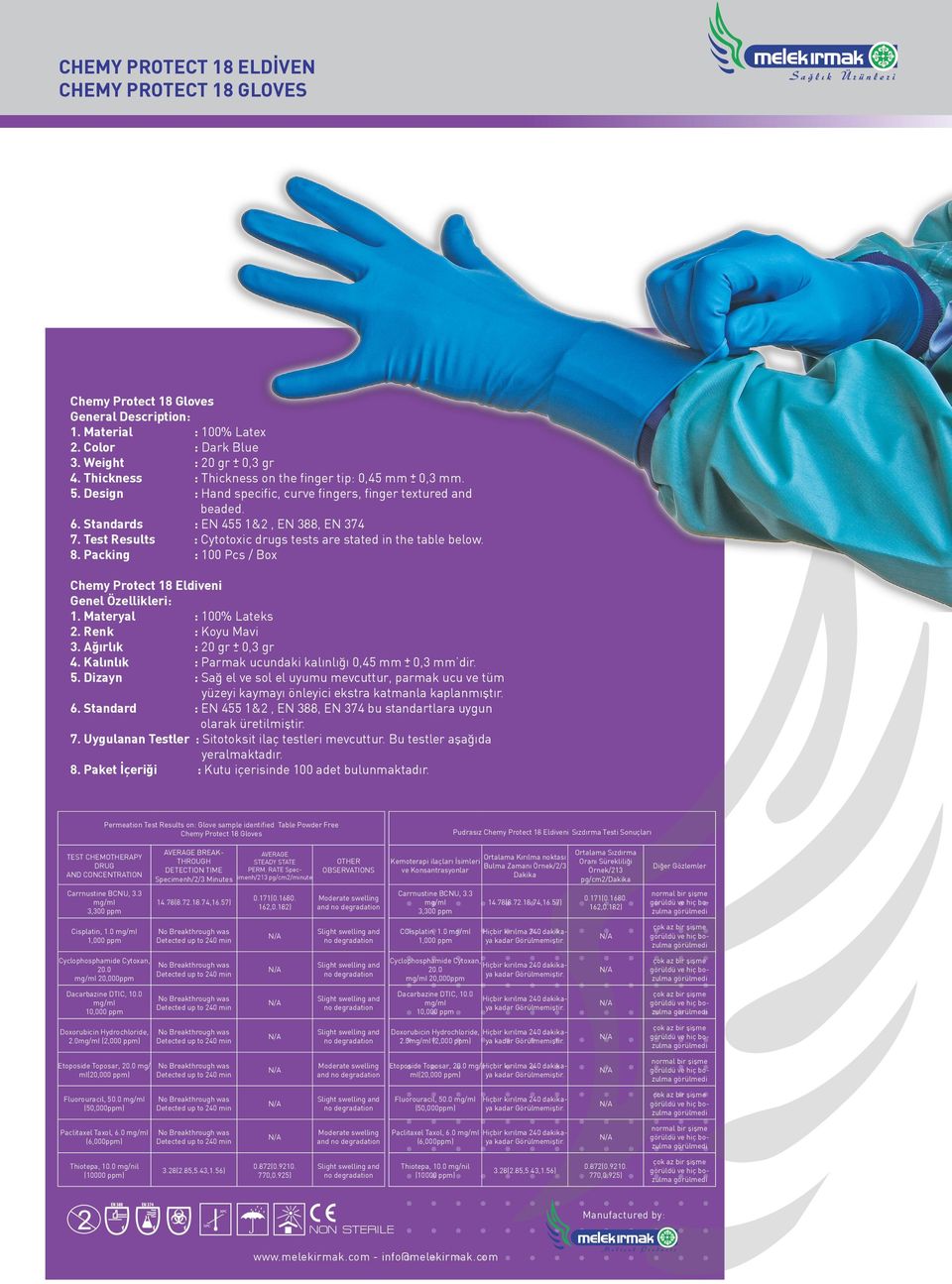 Test Results : Cytotoxic drugs tests are stated in the table below. 8. Packing : 100 Pcs / Box Chemy Protect 18 Eldiveni Genel Özellikleri: 1. Materyal : 100% Lateks 2. Renk : Koyu Mavi 3.