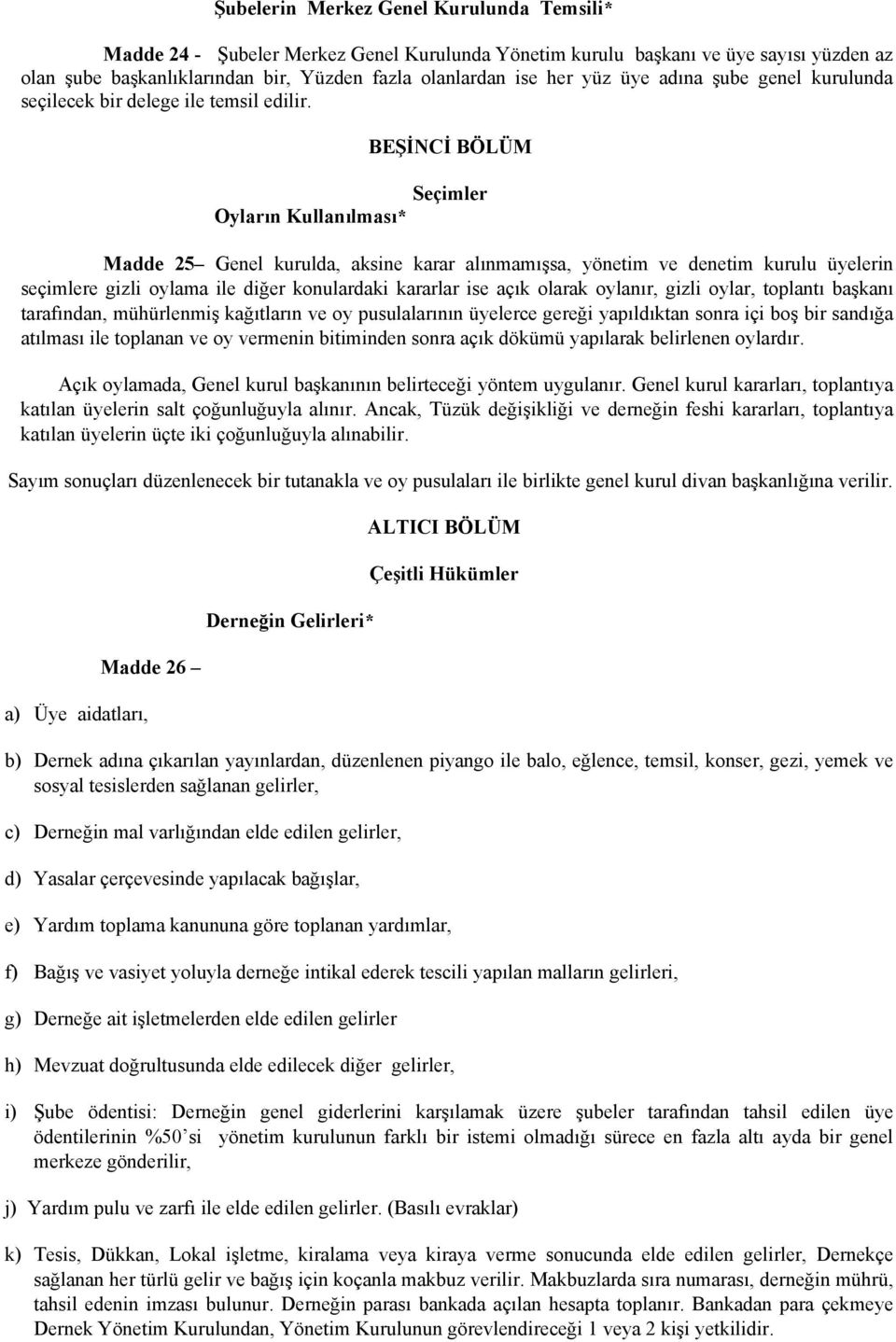 BEŞİNCİ BÖLÜM Seçimler Oyların Kullanılması* Madde 25 Genel kurulda, aksine karar alınmamışsa, yönetim ve denetim kurulu üyelerin seçimlere gizli oylama ile diğer konulardaki kararlar ise açık olarak