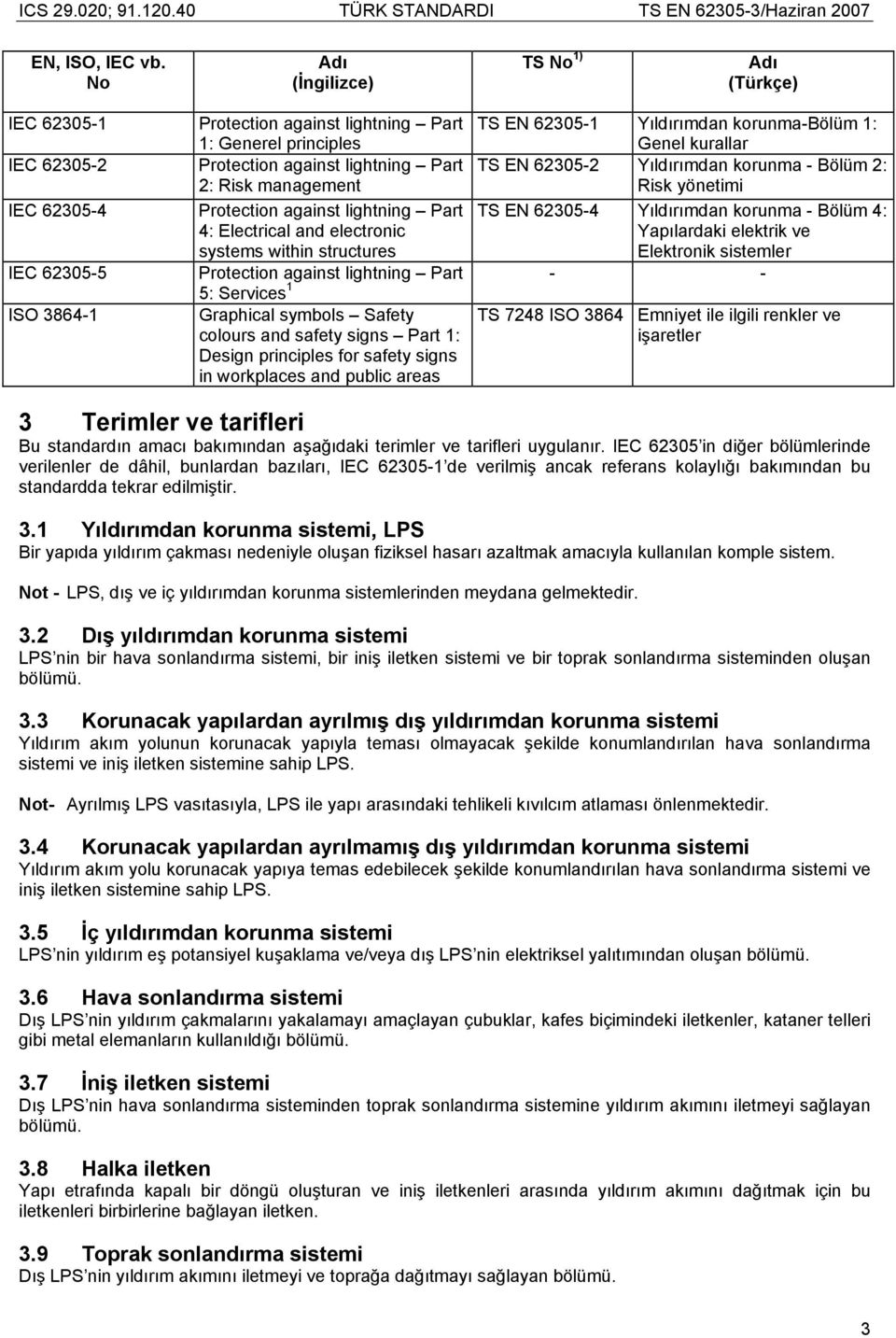 Genel kurallar Protection against lightning Part TS EN 62305-2 Yıldırımdan korunma - Bölüm 2: 2: Risk management Risk yönetimi Protection against lightning Part TS EN 62305-4 Yıldırımdan korunma -