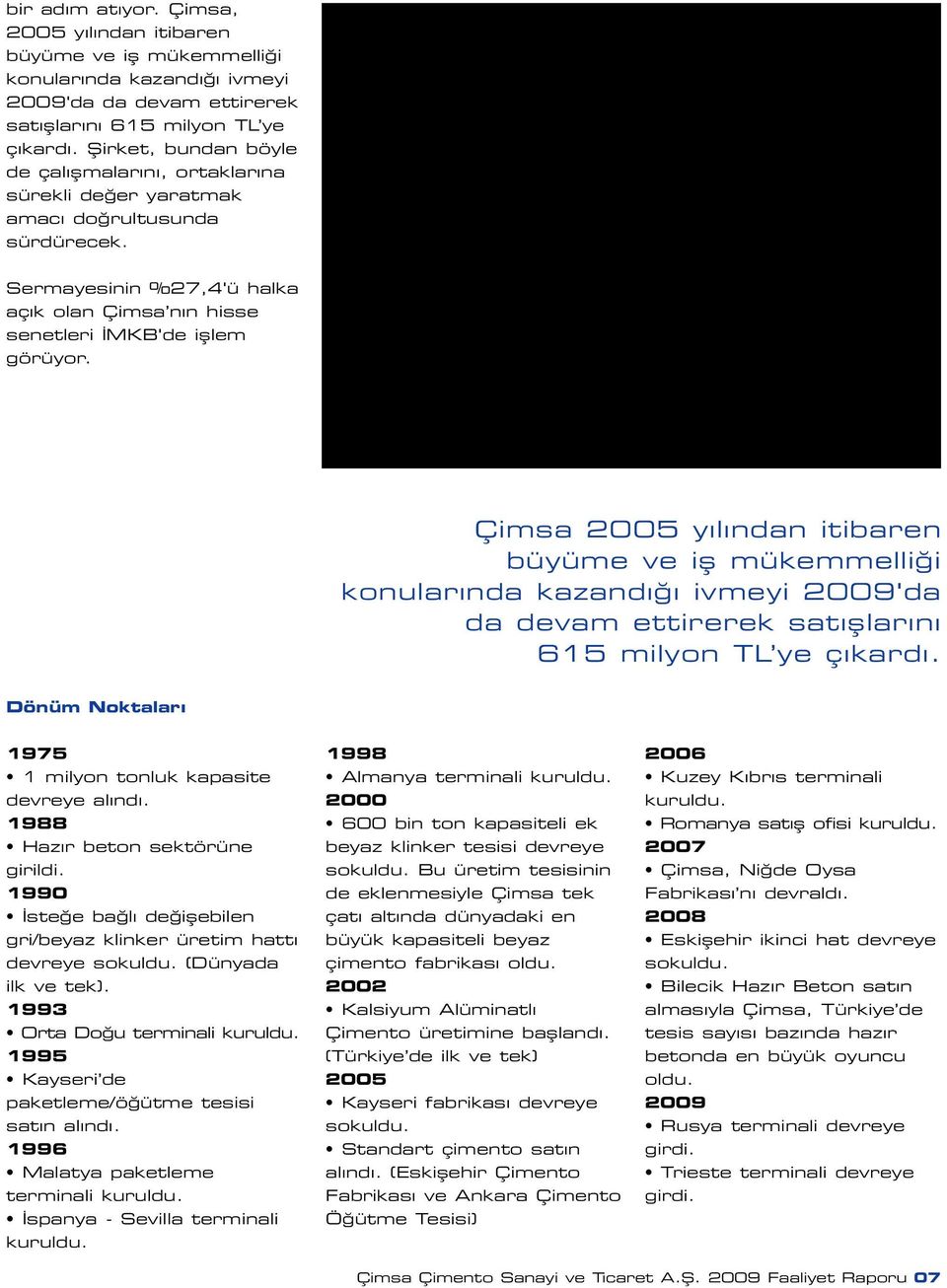 Çimsa 2005 y l ndan itibaren büyüme ve ifl mükemmelli i konular nda kazand ivmeyi 2009'da da devam ettirerek sat fllar n 615 milyon TL ye ç kard.