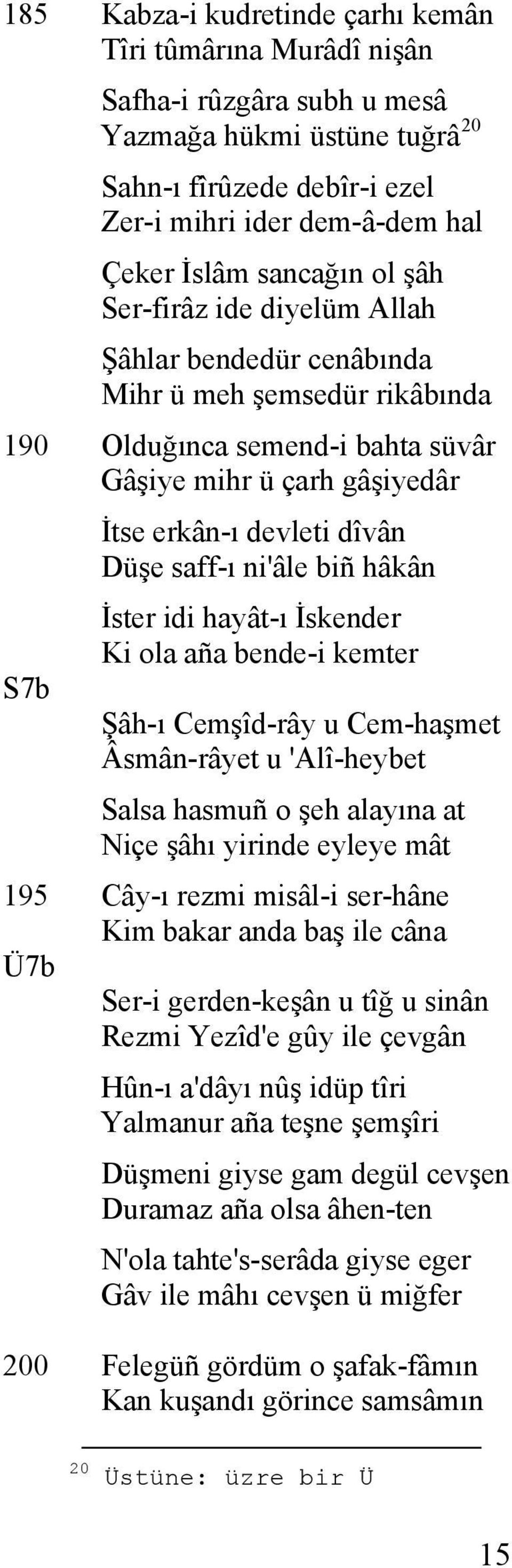 saff-ı ni'âle biñ hâkân İster idi hayât-ı İskender Ki ola aña bende-i kemter Şâh-ı Cemşîd-rây u Cem-haşmet Âsmân-râyet u 'Alî-heybet Salsa hasmuñ o şeh alayına at Niçe şâhı yirinde eyleye mât 195