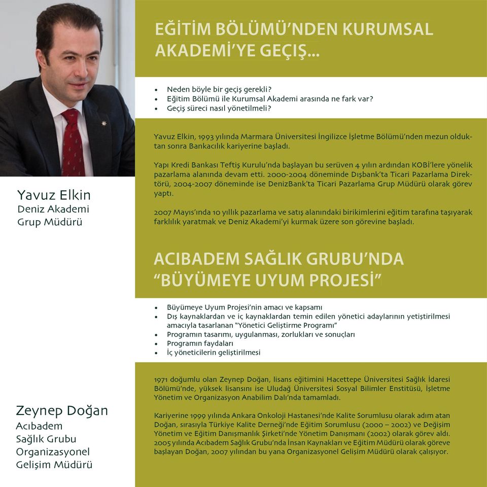 Yavuz Elkin Deniz Akademi Grup Müdürü Yapı Kredi Bankası Teftiş Kurulu nda başlayan bu serüven 4 yılın ardından KOBİ lere yönelik pazarlama alanında devam etti.