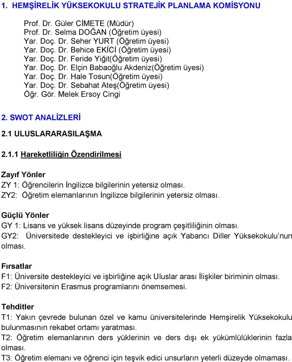 Melek Ersoy Cingi 2. SWOT ANALĠZLERĠ 2.1 