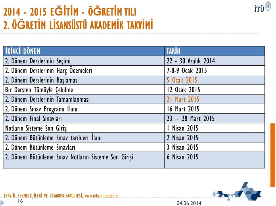 Dönem Derslerinin Tamamlanması 21 Mart 2015 2. Dönem Sınav Programı İlanı 16 Mart 2015 2.