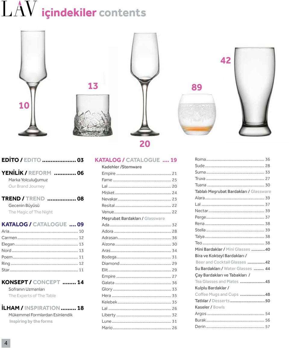 .. 18 Mükemmel Formlardan Esinlendik Inspiring by the forms 20 KATALOG / CATALOGUE... 19 Kadehler /Stemware Empire... 21 Fame... 25 Lal... 20 Misket... 24 Nevakar... 23 Resital... 22 Venue.