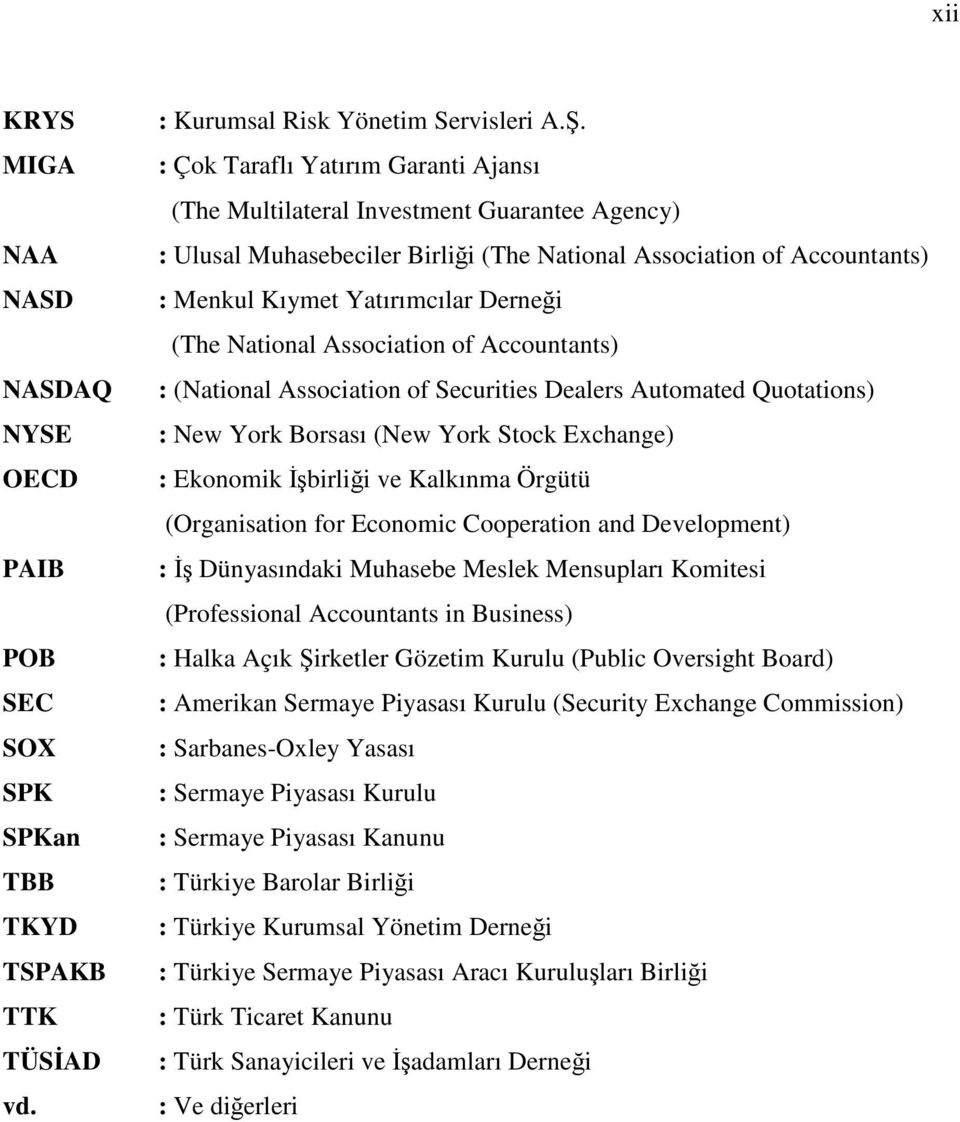 National Association of Accountants) : (National Association of Securities Dealers Automated Quotations) : New York Borsası (New York Stock Exchange) : Ekonomik İşbirliği ve Kalkınma Örgütü