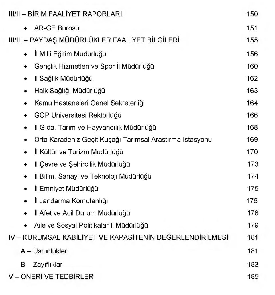 Araştırma İstasyonu 169 İl Kültür ve Turizm Müdürlüğü 170 İl Çevre ve Şehircilik Müdürlüğü 173 İl Bilim, Sanayi ve Teknoloji Müdürlüğü 174 İl Emniyet Müdürlüğü 175 İl Jandarma Komutanlığı 176 İl