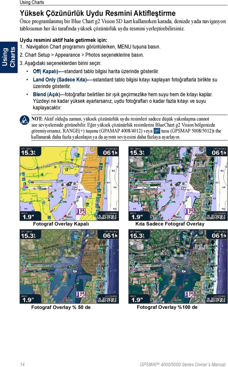 Chart Setup > Appearance > Photos seçeneklerine basın. 3. Aşağıdaki seçeneklerden birini seçin: Off( Kapalı)- standard tablo bilgisi harita üzerinde gösterilir.