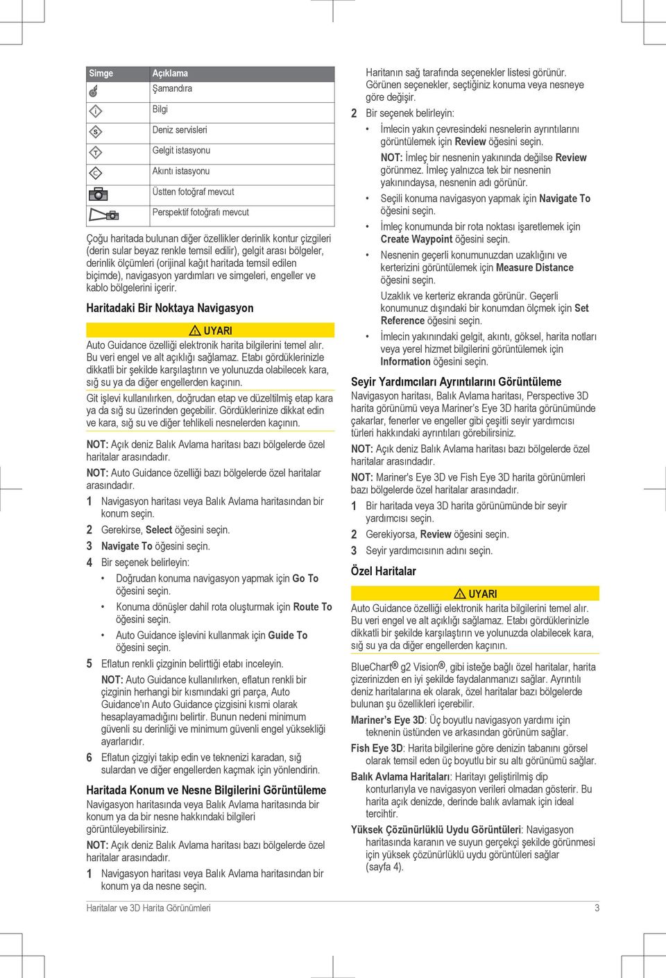 içerir. Haritadaki Bir Noktaya Navigasyon UYARI Auto Guidance özelliği elektronik harita bilgilerini temel alır. Bu veri engel ve alt açıklığı sağlamaz.