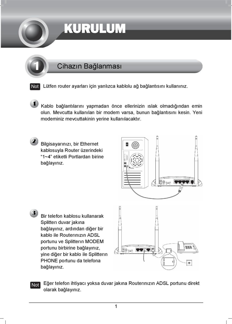 Bilgisayarınızı, bir Ethernet kablosuyla Router üzerindeki 1~4 etiketli Portlardan birine bağlayınız.