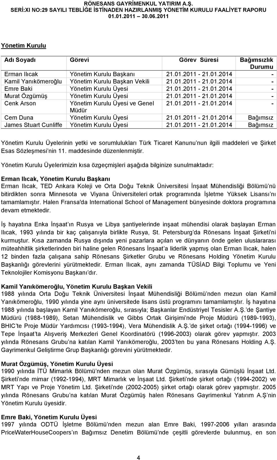 01.2011-21.01.2014 Bağımsız Yönetim Kurulu Üyelerinin yetki ve sorumlulukları Türk Ticaret Kanunu nun ilgili maddeleri ve Şirket Esas Sözleşmesi nin 11. maddesinde düzenlenmiştir.