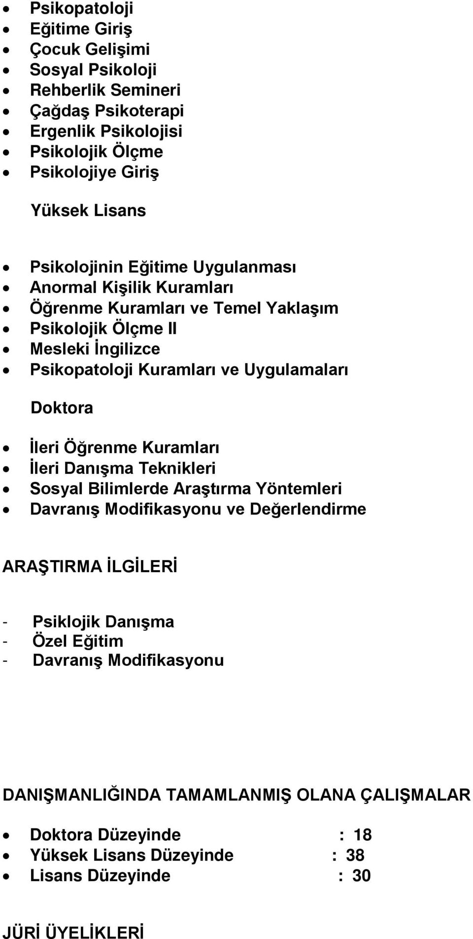 Doktora İleri Öğrenme Kuramları İleri Danışma Teknikleri Sosyal Bilimlerde Araştırma Yöntemleri Davranış Modifikasyonu ve Değerlendirme ARAŞTIRMA İLGİLERİ - Psiklojik