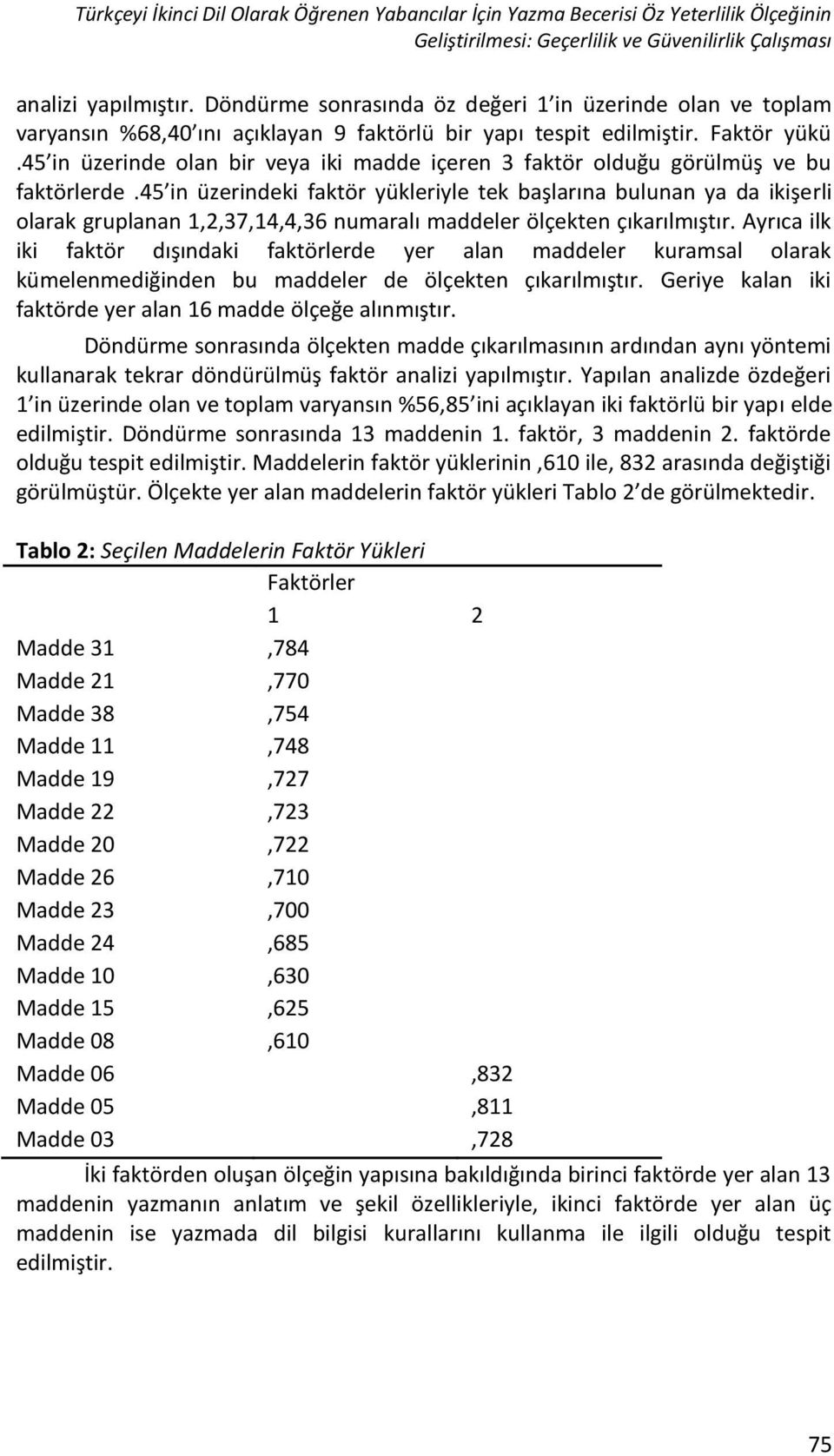 45 in üzerinde olan bir veya iki madde içeren 3 faktör olduğu görülmüş ve bu faktörlerde.