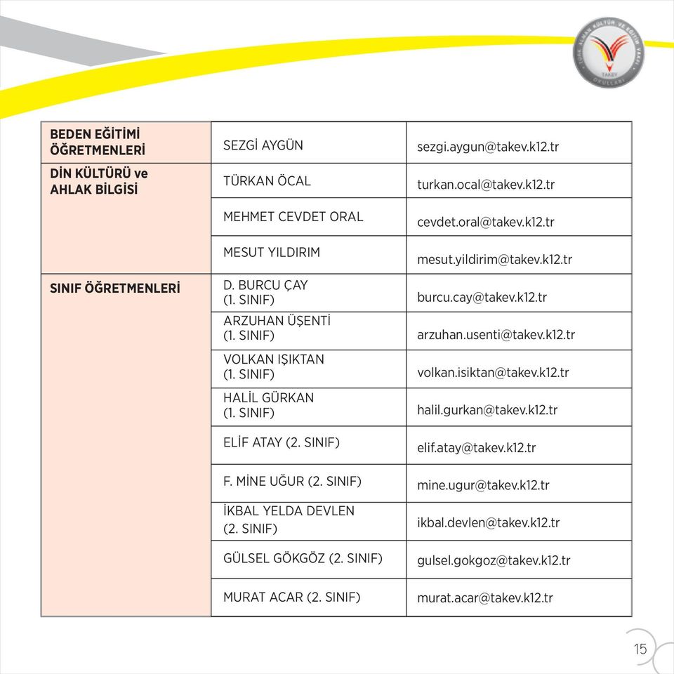 SINIF) GÜLSEL GÖKGÖZ (2. SINIF) sezgi.aygun@takev.k12.tr turkan.ocal@takev.k12.tr cevdet.oral@takev.k12.tr mesut.yildirim@takev.k12.tr burcu.cay@takev.k12.tr arzuhan.