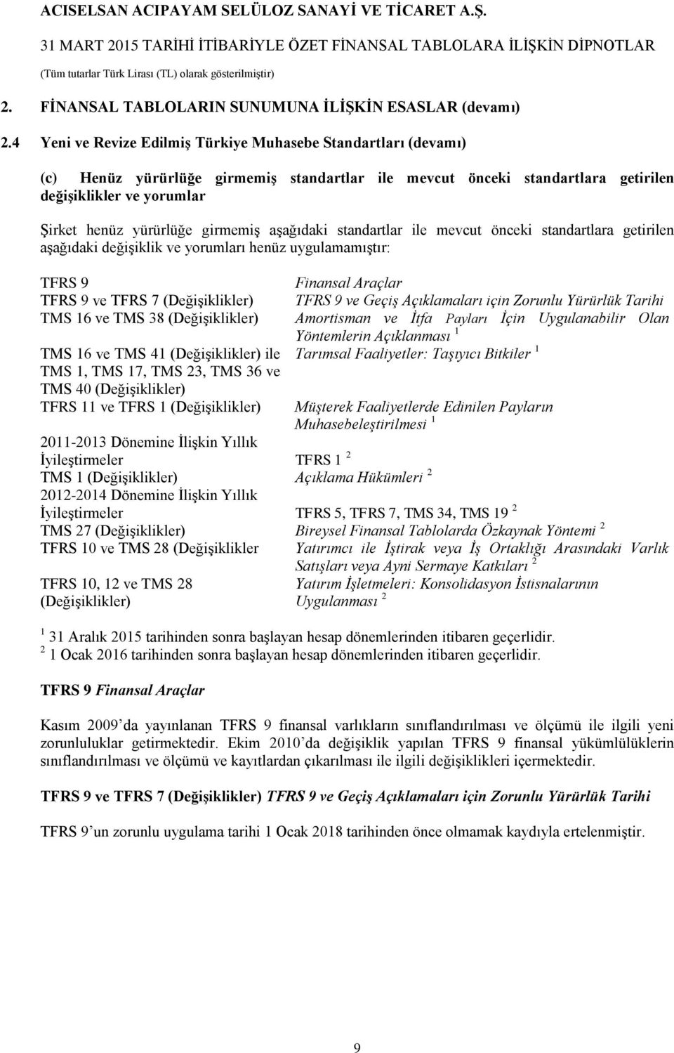 girmemiş aşağıdaki standartlar ile mevcut önceki standartlara getirilen aşağıdaki değişiklik ve yorumları henüz uygulamamıştır: TFRS 9 TFRS 9 ve TFRS 7 (Değişiklikler) TMS 16 ve TMS 38