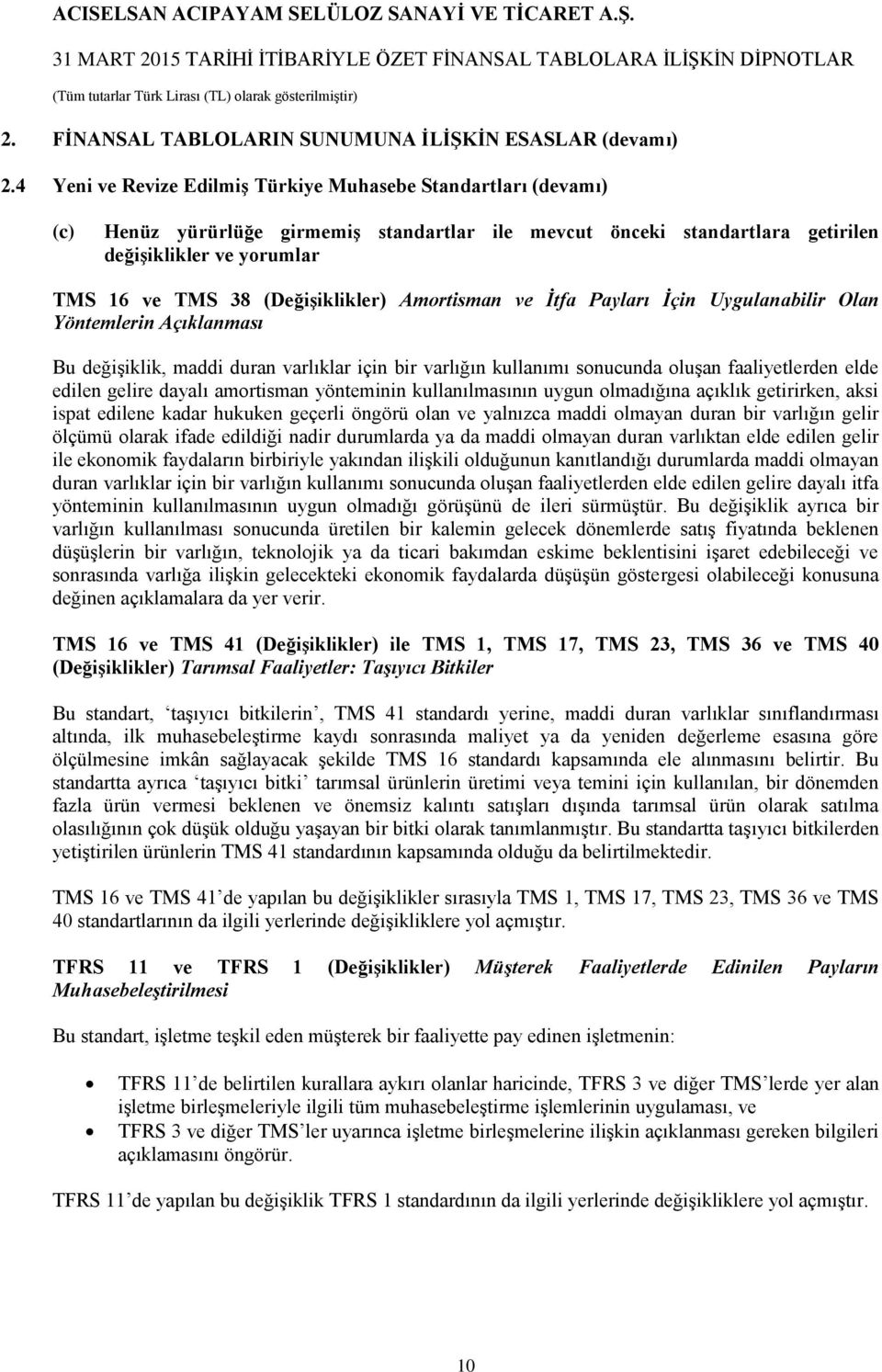 (Değişiklikler) Amortisman ve İtfa Payları İçin Uygulanabilir Olan Yöntemlerin Açıklanması Bu değişiklik, maddi duran varlıklar için bir varlığın kullanımı sonucunda oluşan faaliyetlerden elde edilen