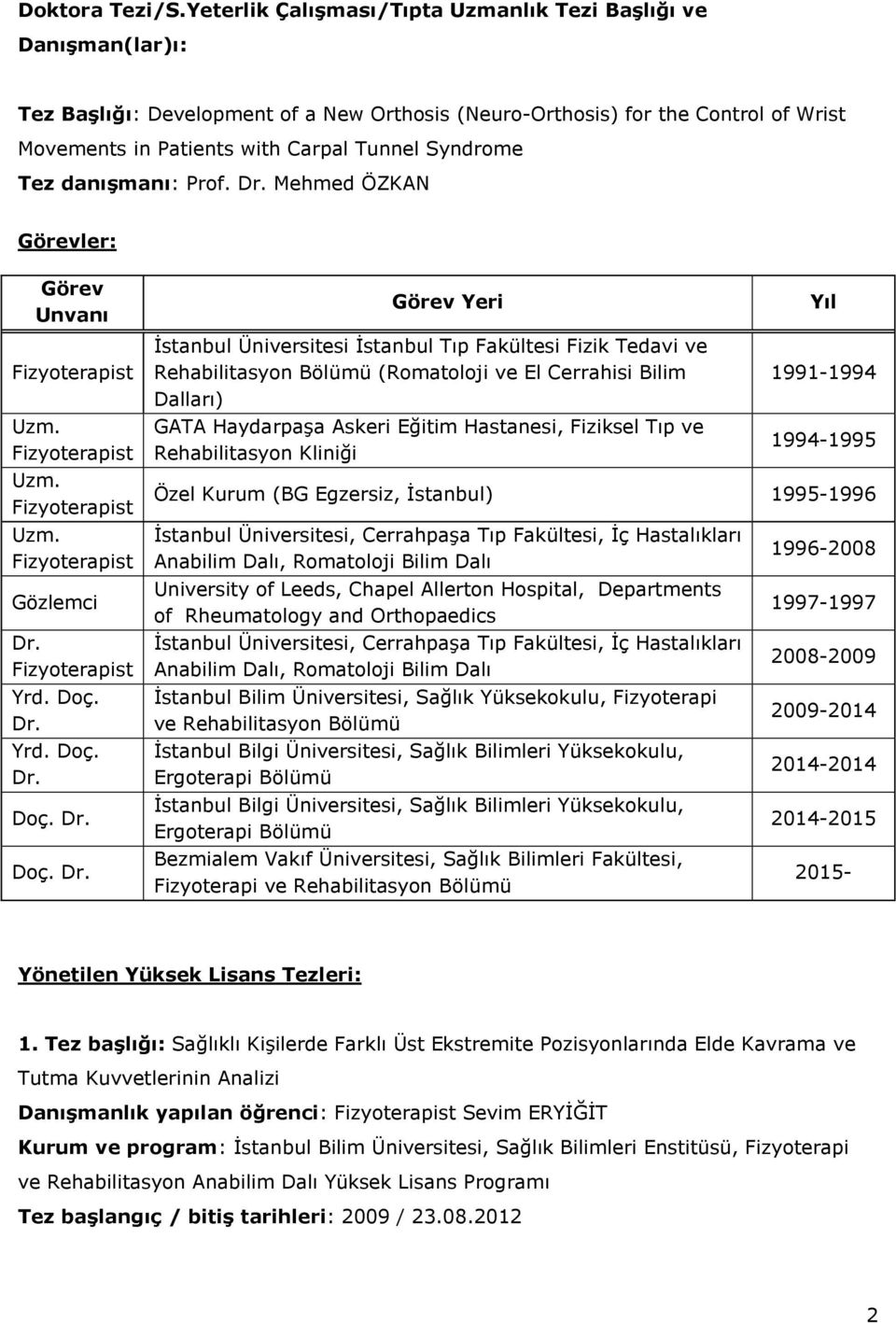 Syndrome Tez danışmanı: Prof. Dr.