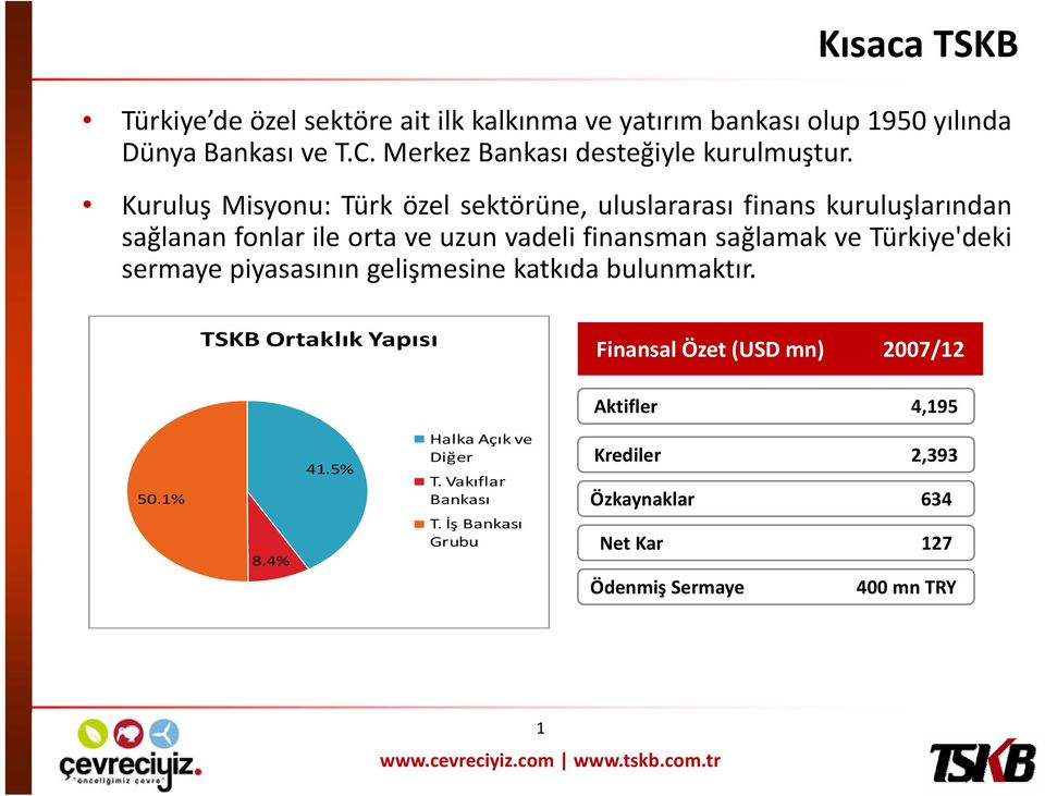 Kuruluş Misyonu: Türk özel sektörüne, uluslararası l finans kuruluşlarından l sağlanan fonlar ile orta ve uzun vadeli finansman sağlamak ve