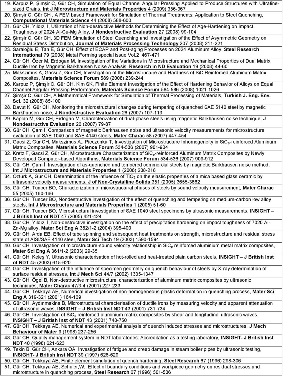 Gür CH, Yıldız, I, Utilization of Non-destructive Methods for Determining the Effect of Age-Hardening on Impact Toughness of 2024 Al-Cu-Mg Alloy, J Nondestructive Evaluation 27 (2008) 99-104 22.