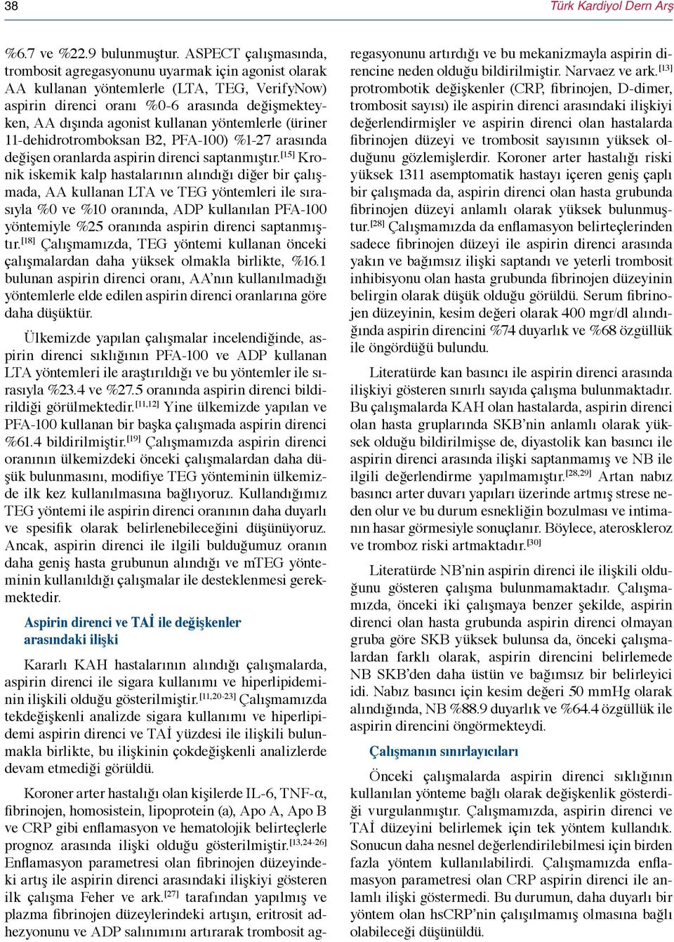 yöntemlerle (üriner 11-dehidrotromboksan B2, PFA-100) %1-27 arasında değişen oranlarda aspirin direnci saptanmıştır.