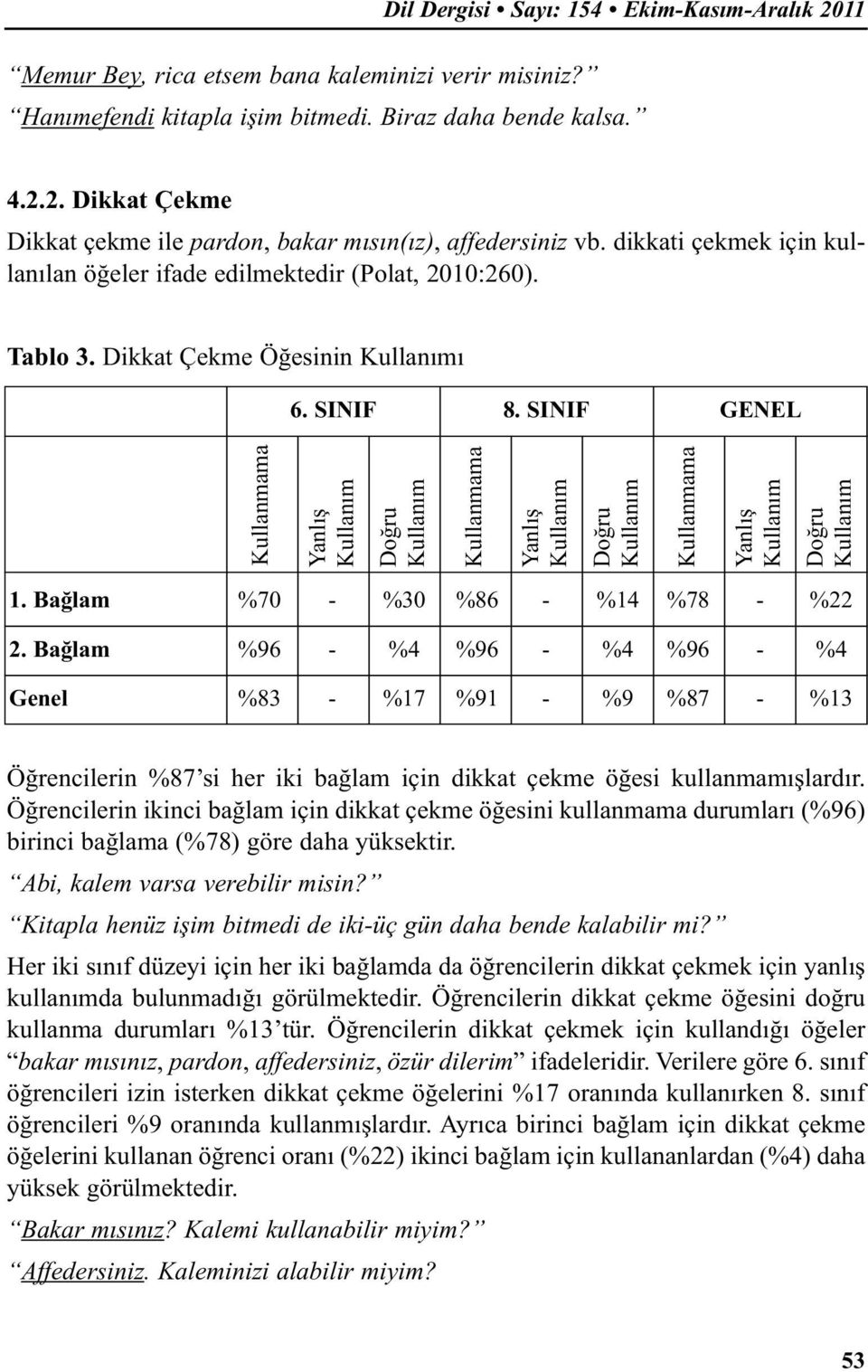 Bağlam %96 - %4 %96 - %4 %96 - %4 Genel %83 - %17 %91 - %9 %87 - %13 Öğrencilerin %87 si her iki bağlam için dikkat çekme öğesi kullanmamışlardır.