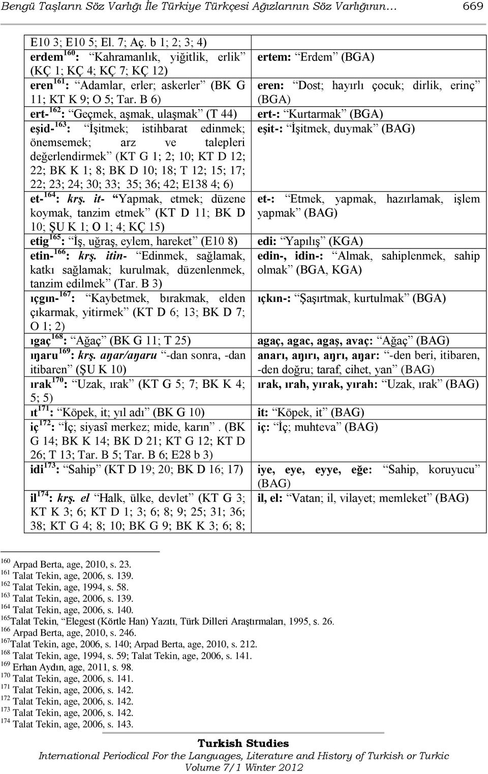 B 6) ert- 162 : Geçmek, aģmak, ulaģmak (T 44) eģid- 163 : ĠĢitmek; istihbarat edinmek; önemsemek; arz ve talepleri değerlendirmek (KT G 1; 2; 10; KT D 12; 22; BK K 1; 8; BK D 10; 18; T 12; 15; 17;