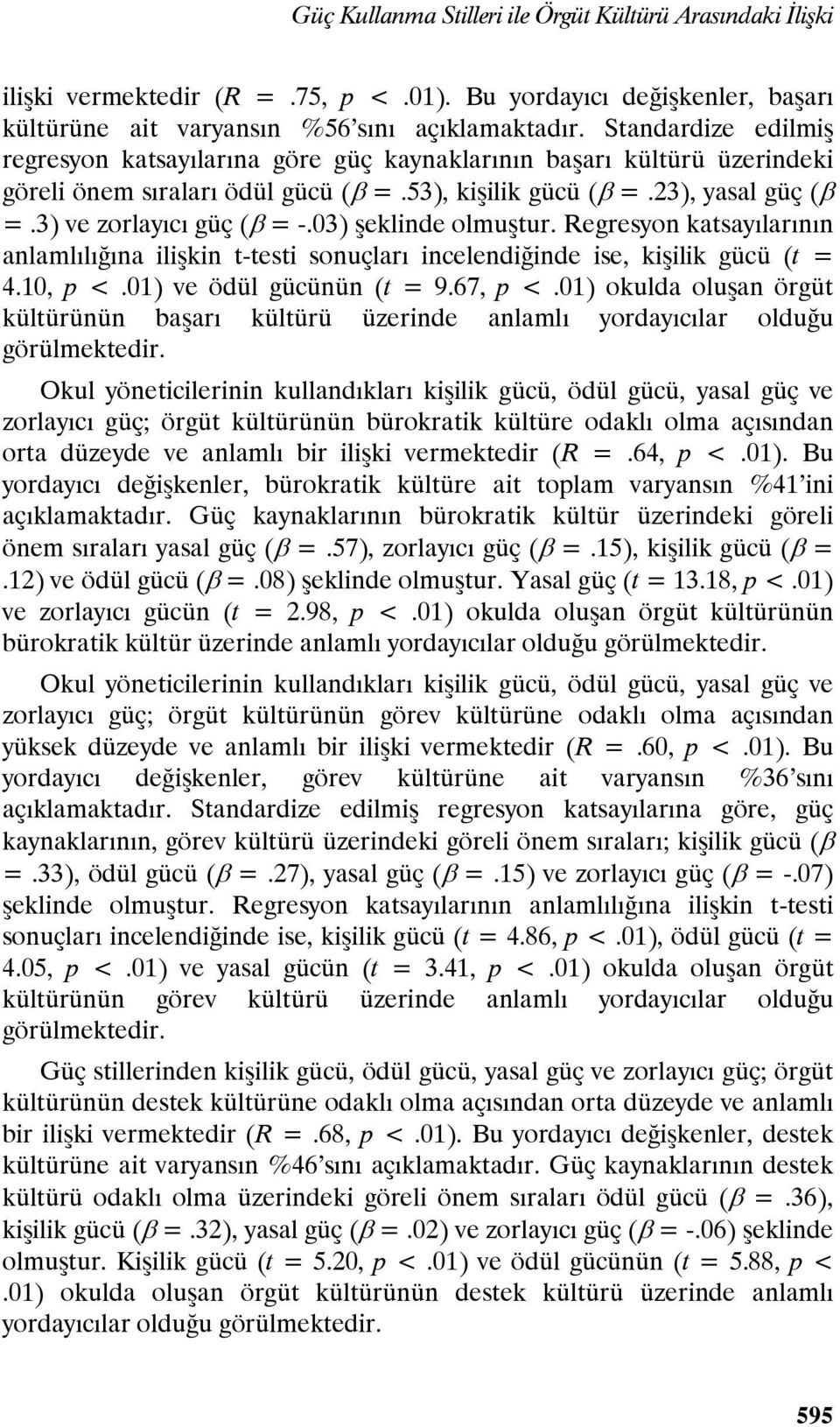 03) şeklinde olmuştur. Regresyon katsayılarının anlamlılığına ilişkin t-testi sonuçları incelendiğinde ise, kişilik gücü (t = 4.10, p <.01) ve ödül gücünün (t = 9.67, p <.