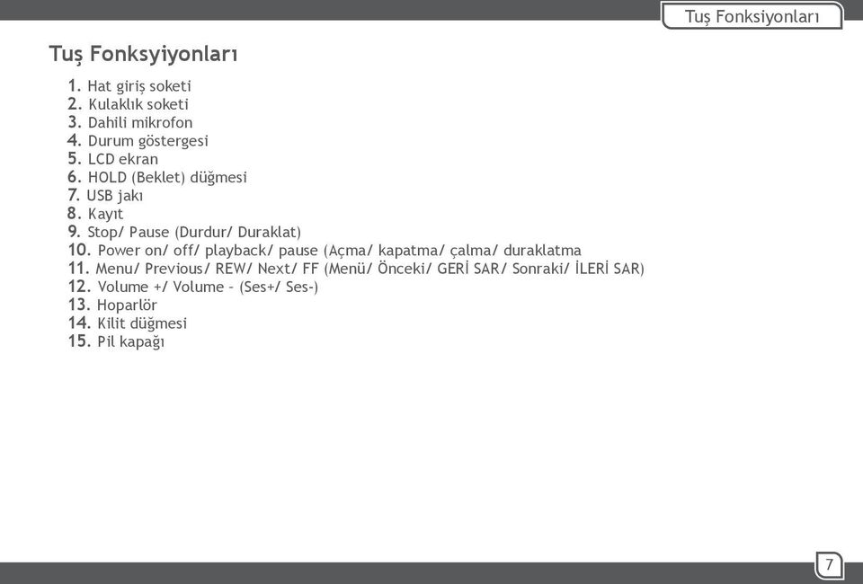 Stop/ Pause (Durdur/ Duraklat) 10. Power on/ off/ playback/ pause (Açma/ kapatma/ çalma/ duraklatma 11.
