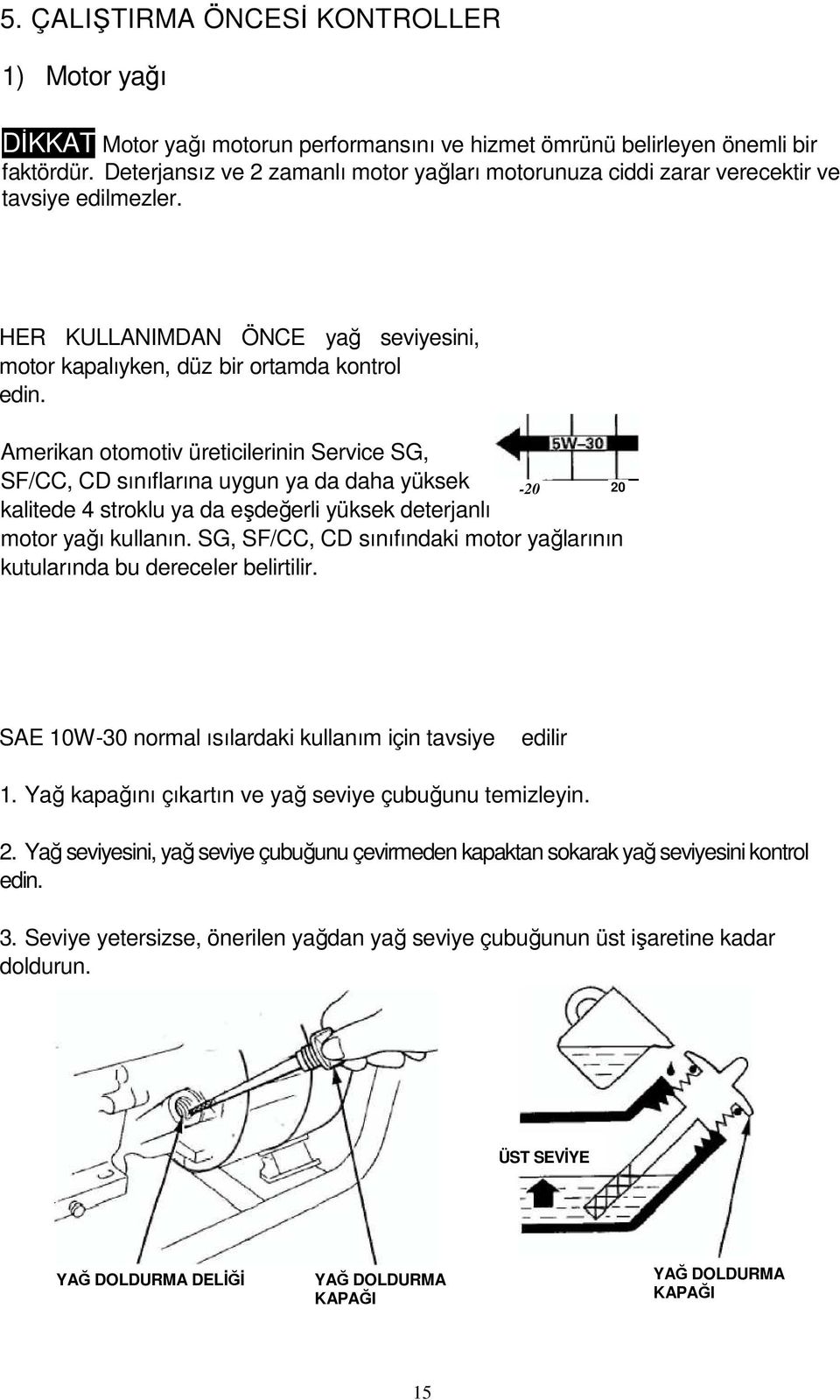 Amerikan otomotiv üreticilerinin Service SG, SF/CC, CD sınıflarına uygun ya da daha yüksek kalitede 4 stroklu ya da eşdeğerli yüksek deterjanlı -20 20 motor yağı kullanın.