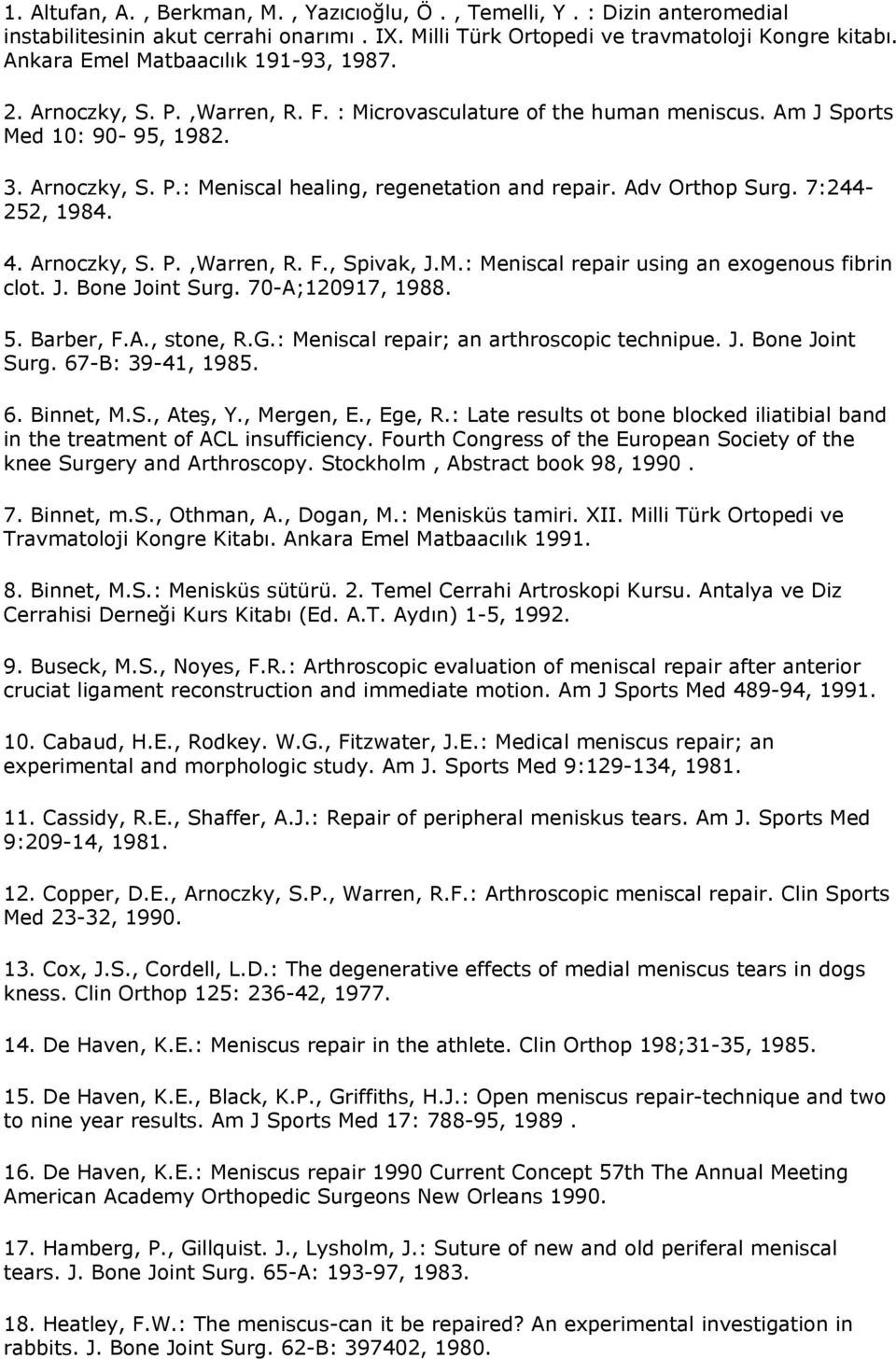 Adv Orthop Surg. 7:244-252, 1984. 4. Arnoczky, S. P.,Warren, R. F., Spivak, J.M.: Meniscal repair using an exogenous fibrin clot. J. Bone Joint Surg. 70-A;120917, 1988. 5. Barber, F.A., stone, R.G.