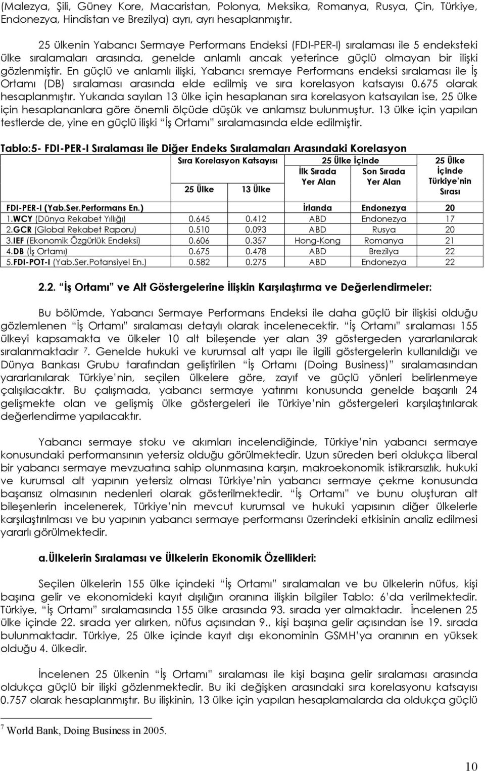 En güçlü ve anlamlı ilişki, Yabancı sremaye Performans endeksi sıralaması ile İş Ortamı (DB) sıralaması arasında elde edilmiş ve sıra korelasyon katsayısı 0.675 olarak hesaplanmıştır.