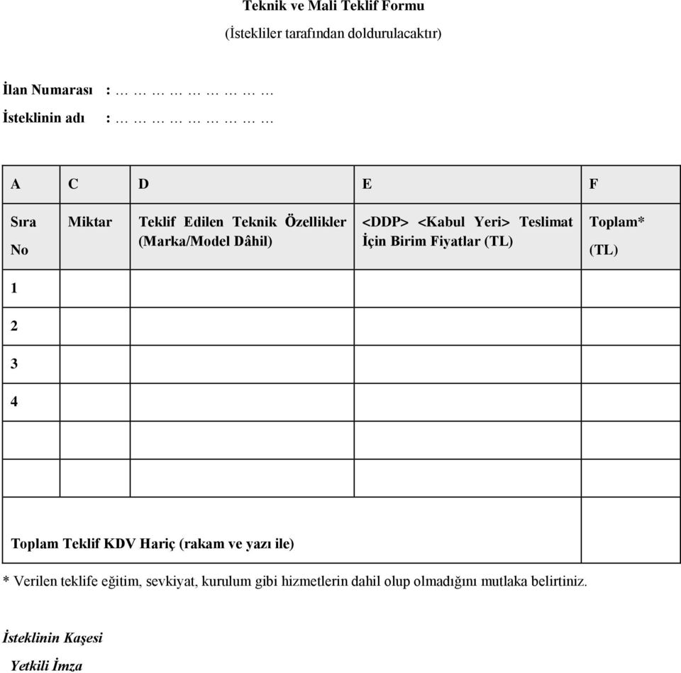 Birim Fiyatlar (TL) Toplam* (TL) 1 2 3 4 Toplam Teklif KDV Hariç (rakam ve yazı ile) * Verilen teklife