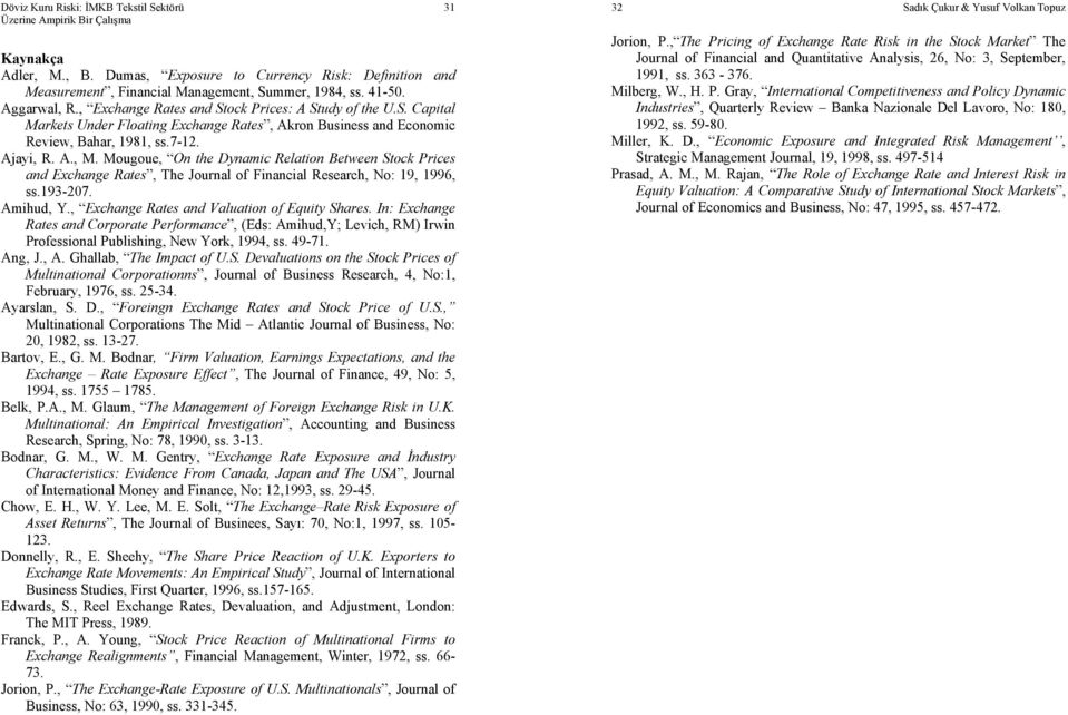 Mougoue, On the Dynamic Relation Between Stock Prices and Exchange Rates, The Journal of Financial Research, No: 19, 1996, ss.193-207. Amihud, Y., Exchange Rates and Valuation of Equity Shares.