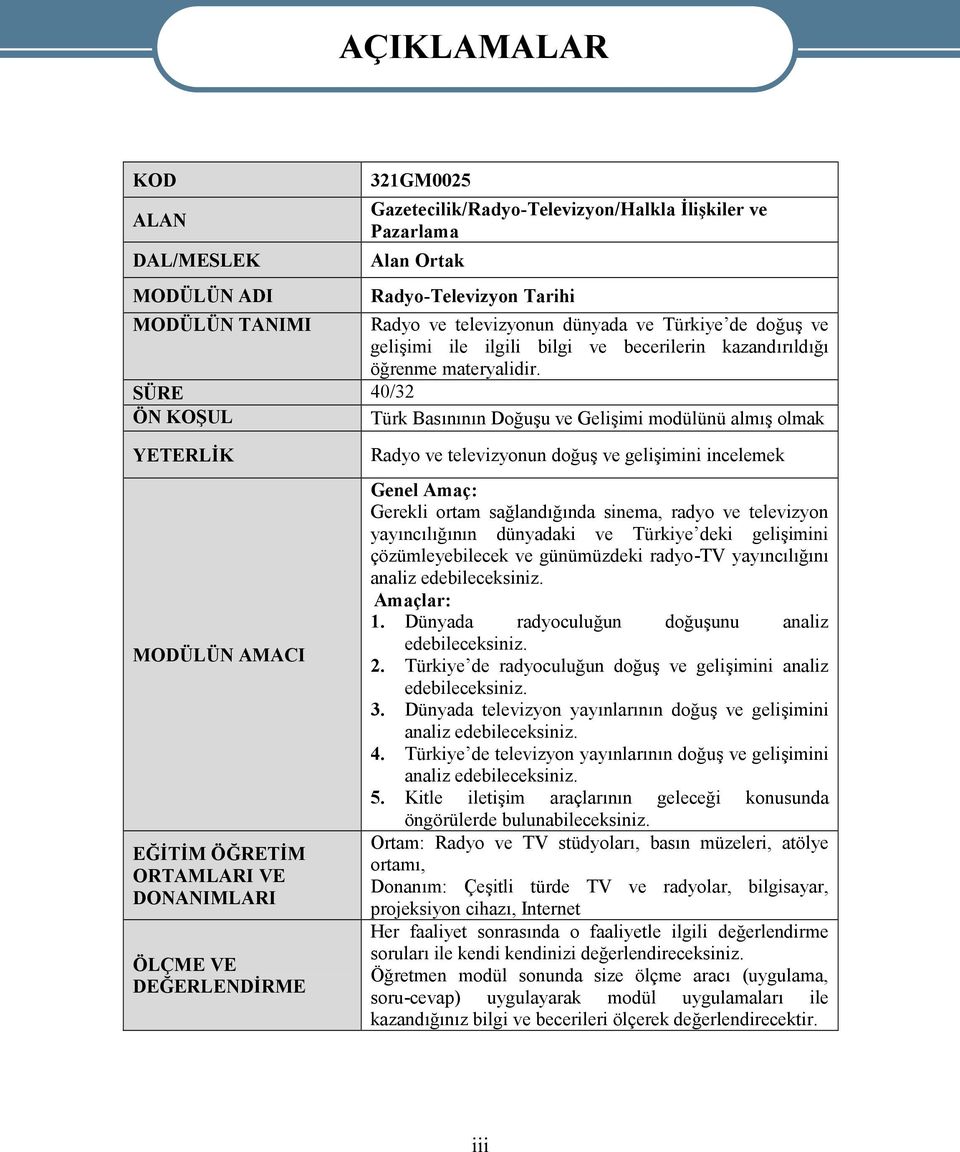 SÜRE 40/32 ÖN KOŞUL Türk Basınının Doğuşu ve Gelişimi modülünü almış olmak YETERLİK MODÜLÜN AMACI EĞİTİM ÖĞRETİM ORTAMLARI VE DONANIMLARI ÖLÇME VE DEĞERLENDİRME AÇIKLAMALAR Radyo ve televizyonun