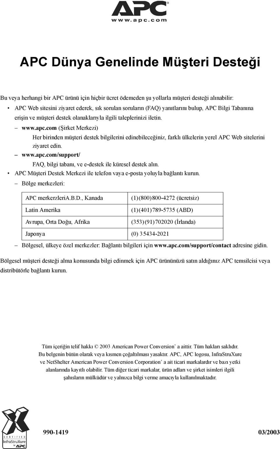 com (Şirket Merkezi) Her birinden müşteri destek bilgilerini edinebileceğiniz, farklı ülkelerin yerel APC Web sitelerini ziyaret edin. www.apc.